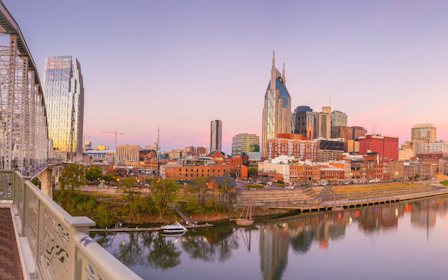 A bridge over a body of water with a city in the background.