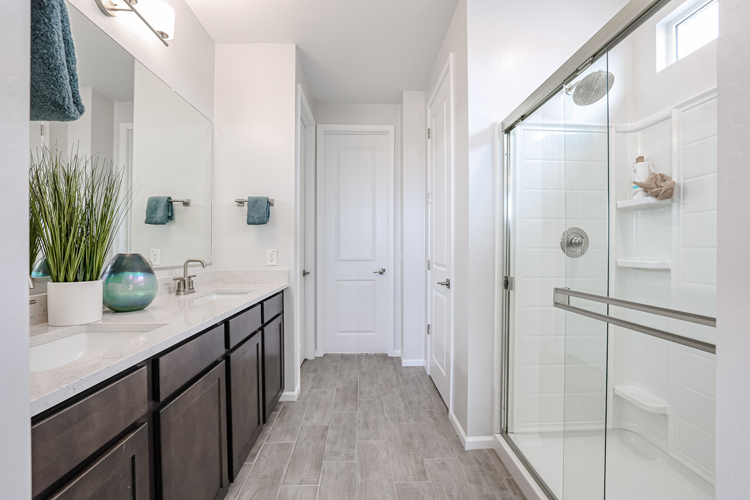 A bathroom with a shower and a glass door.