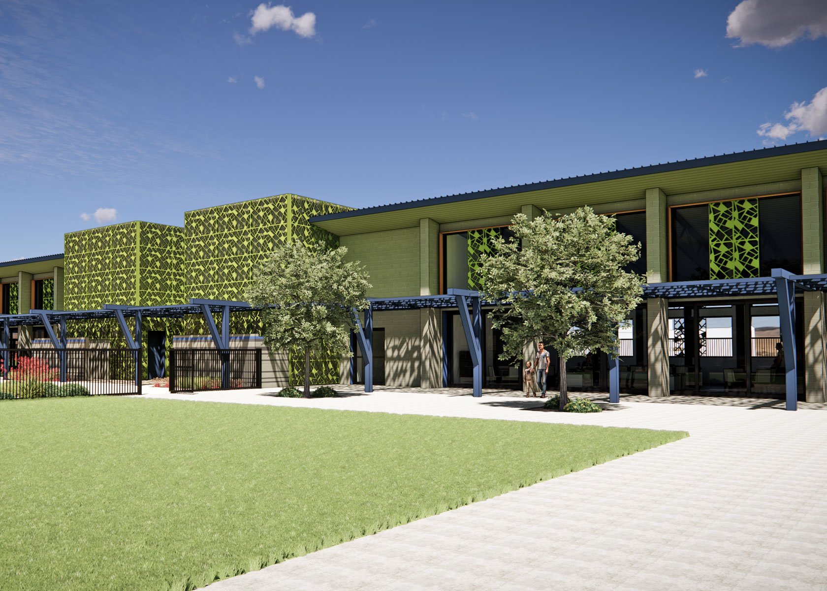 A building with a tree in front.