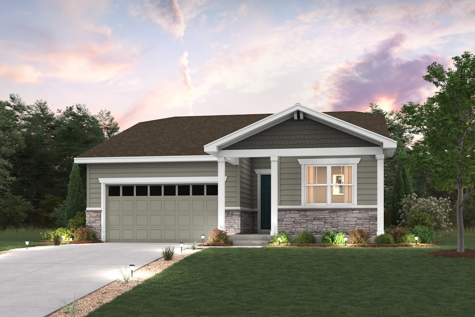 A house with a garage. Cumberland home rendering image with landscaping and driveway Elevation B