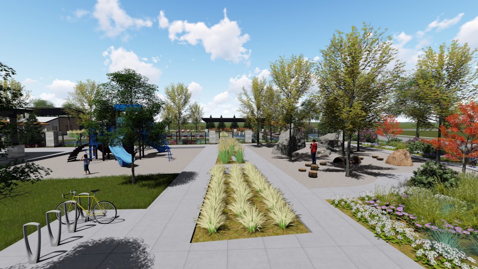 A path with trees and flowers.