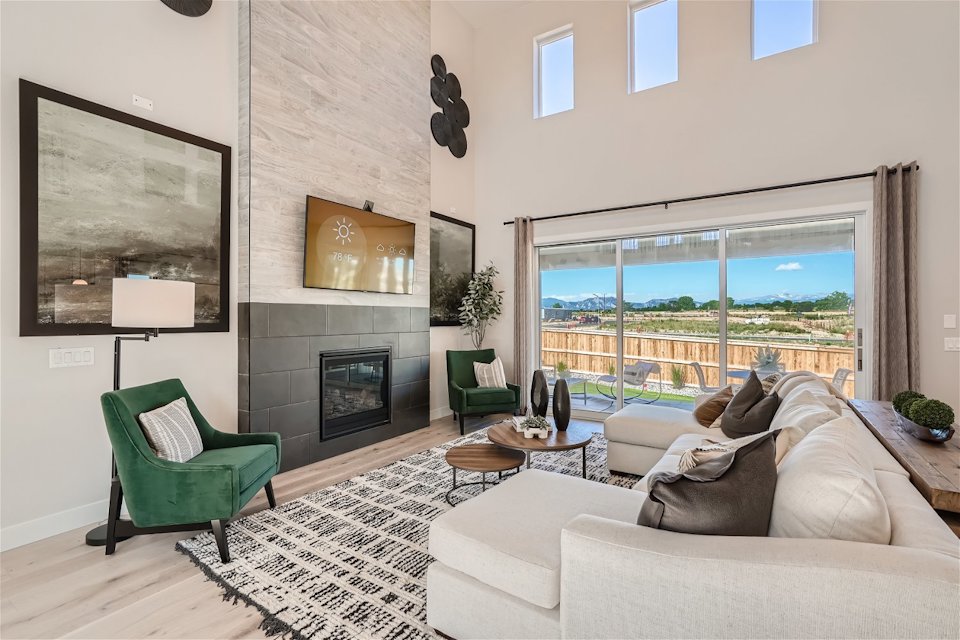 A living room with a fireplace.