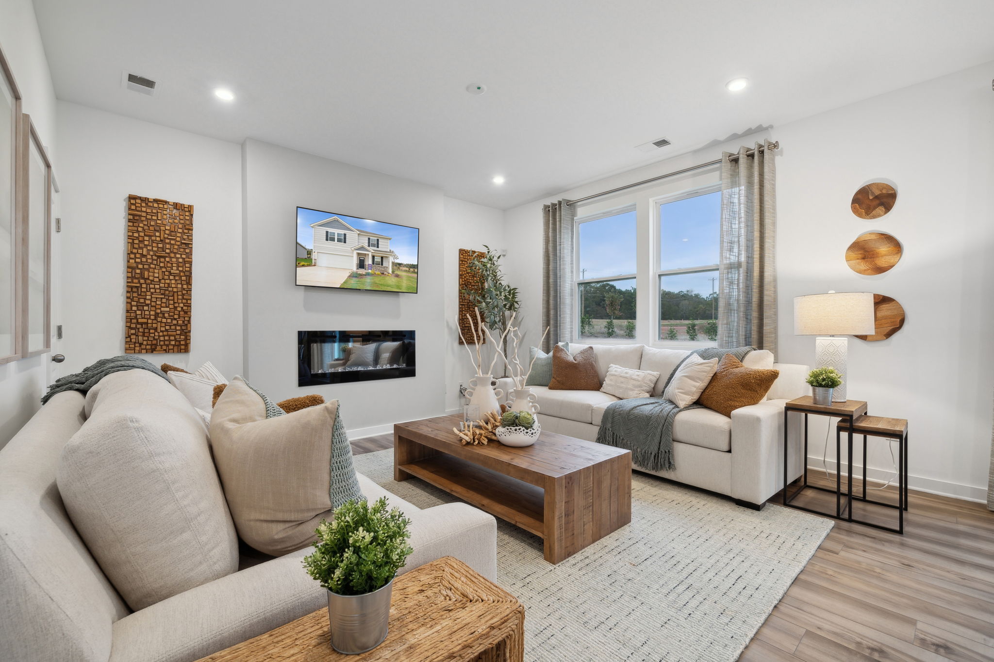 A living room with a fireplace.