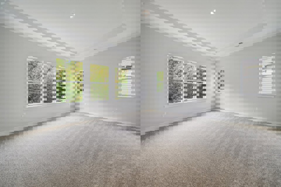 A room with a carpet and windows.