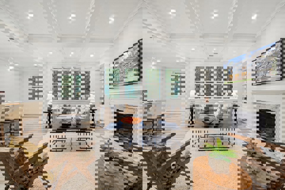 A living room with a fireplace.