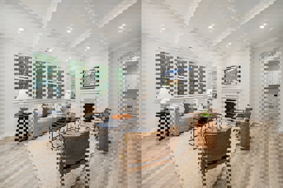 A living room with a fireplace.