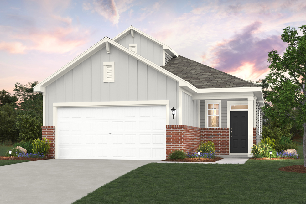 A white house with a garage.