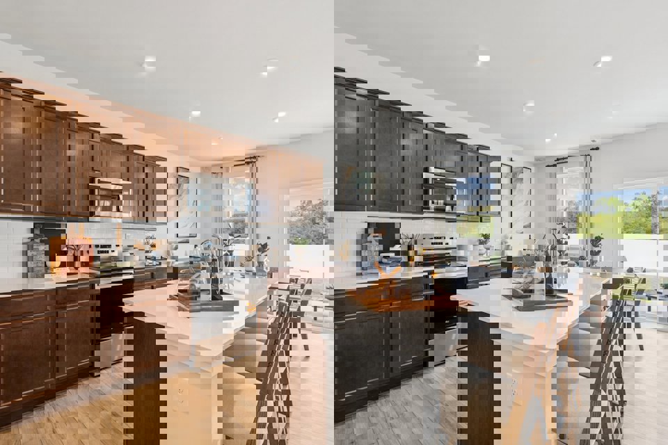 A kitchen with wooden cabinets.