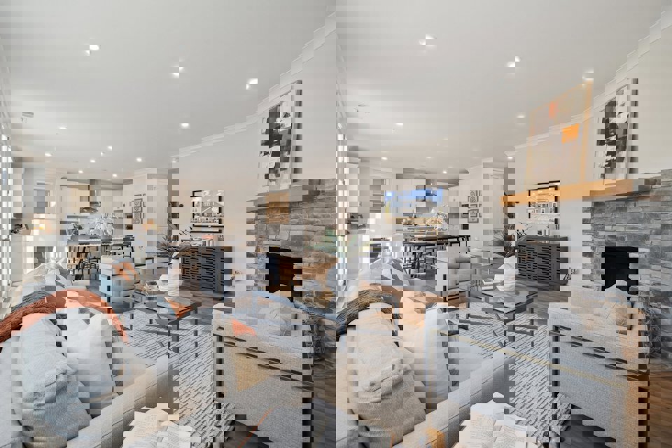 A living room with a fireplace.