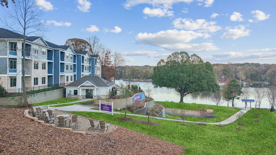 A park in front of a building.