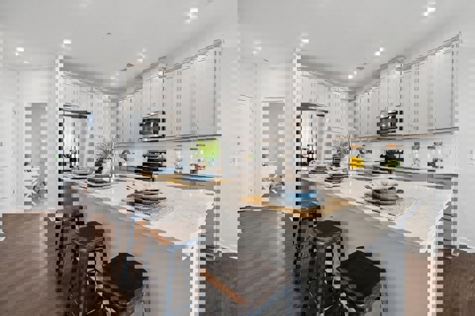 A kitchen with a large island.