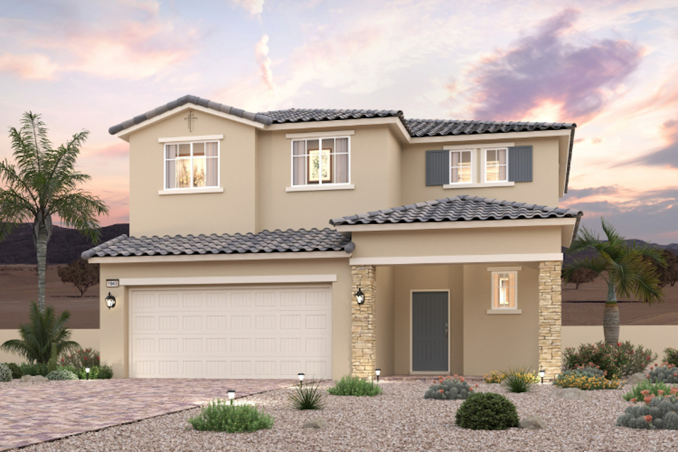 A house with a garage and palm trees.