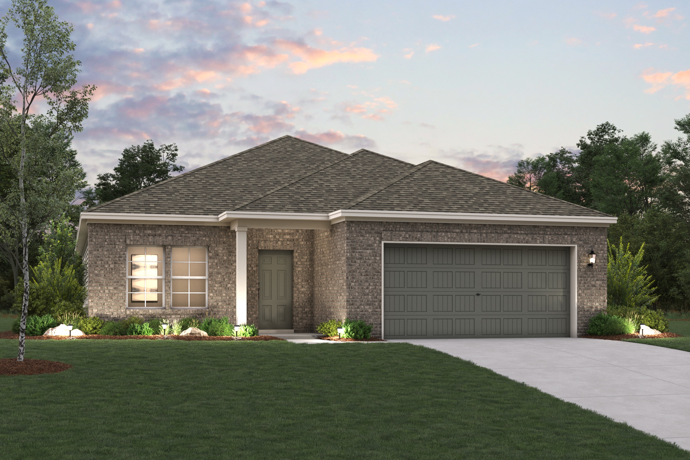 A house with a garage and a lawn in front of it.