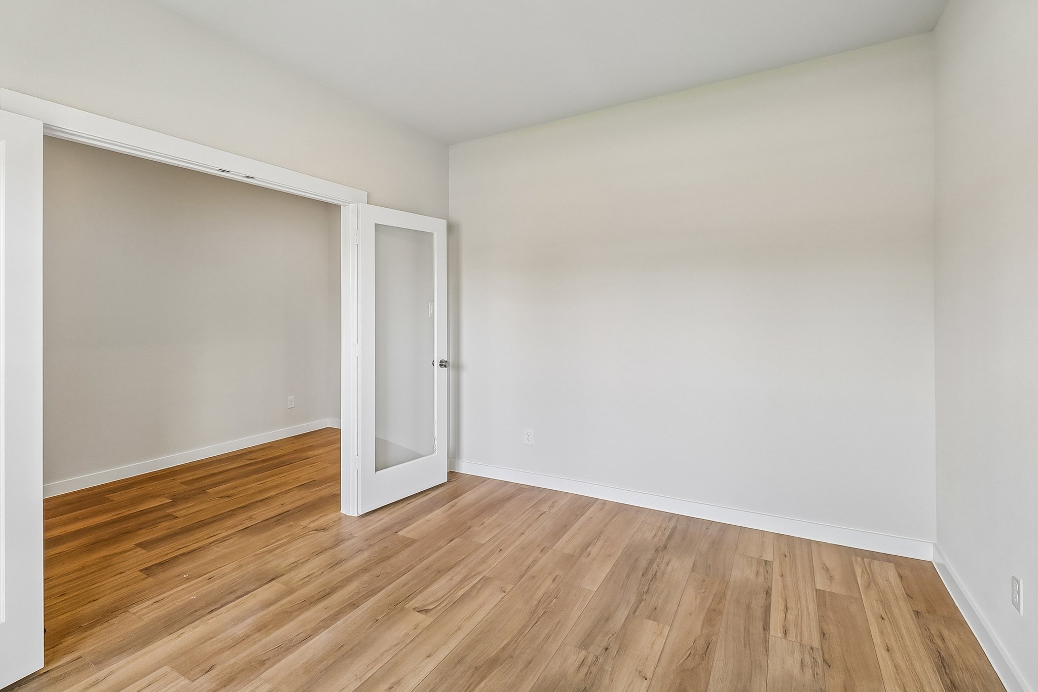 A room with a wood floor and a white door.
