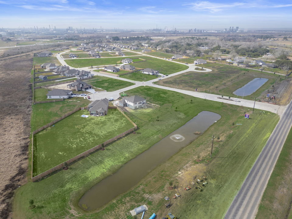 A landscape with houses and roads.