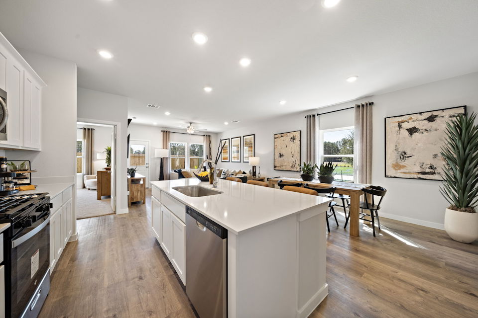 A kitchen with a large island.