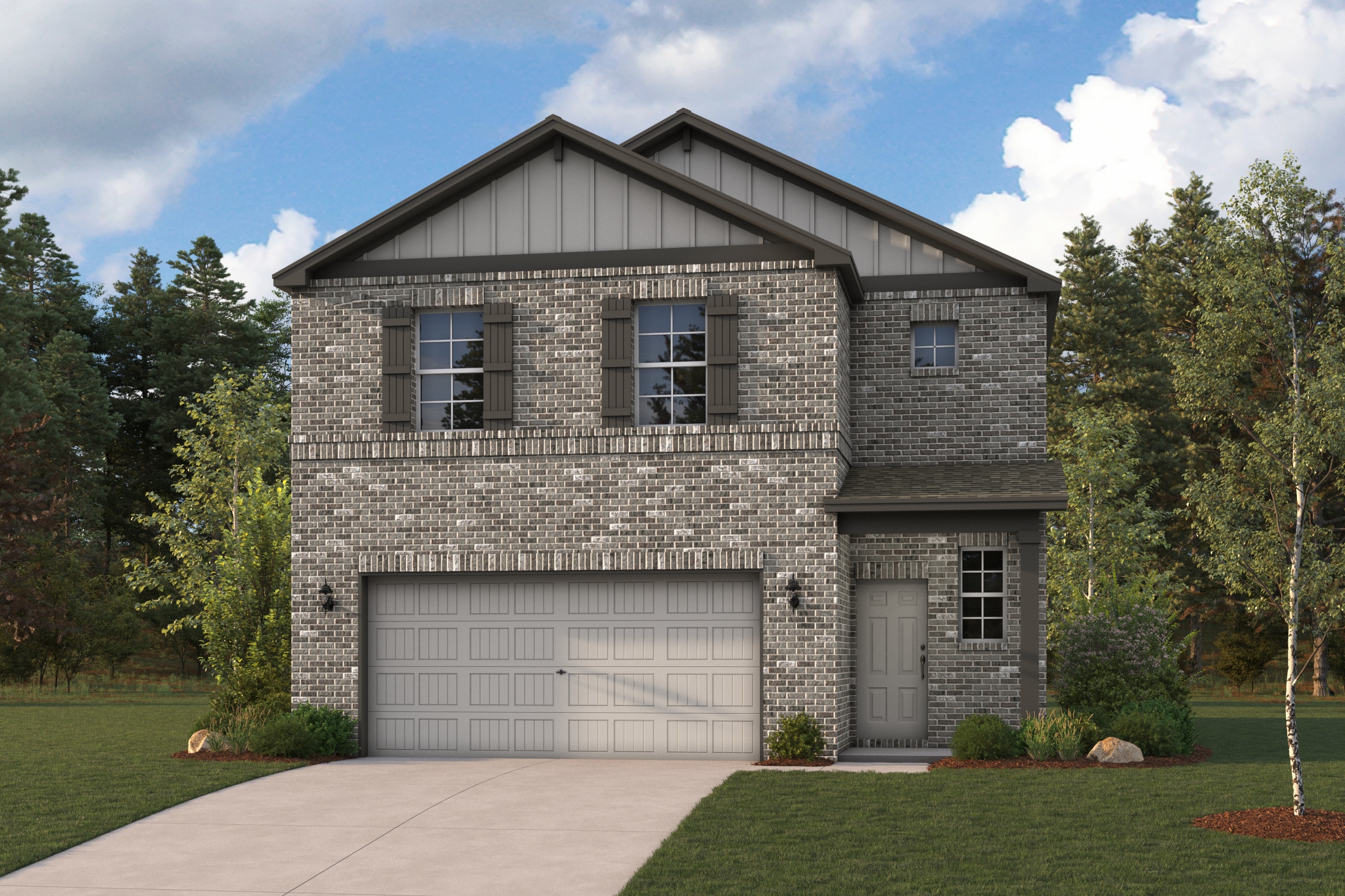 A house with a garage and trees around it.