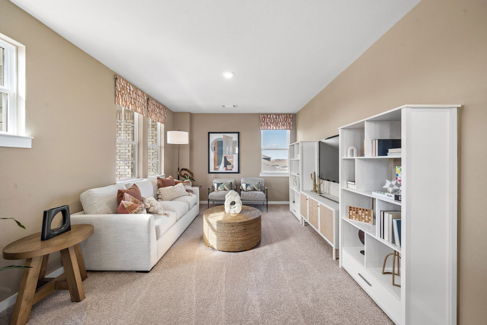 A living room with a white couch and a white bookcase.