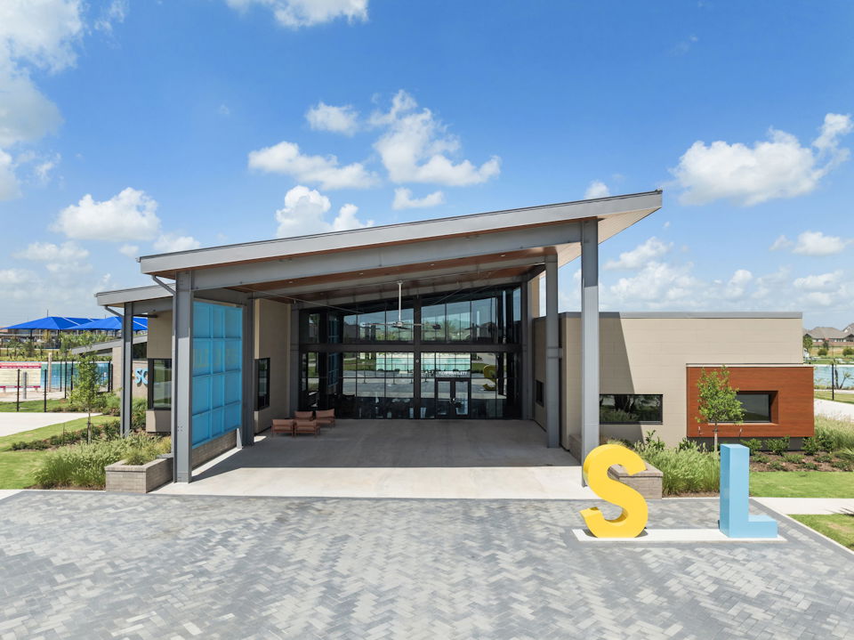 A building with a glass front.