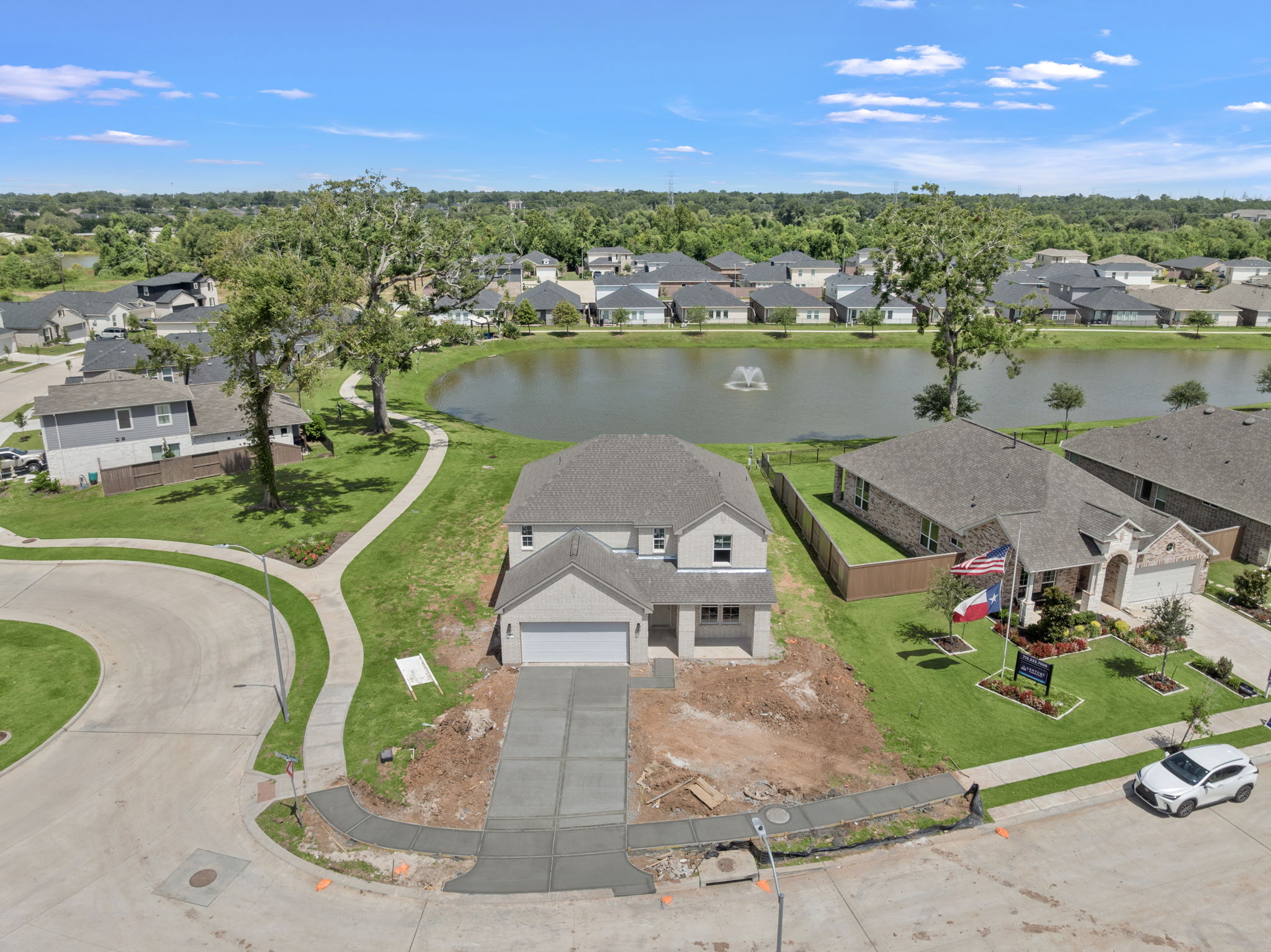 A small town with a pond.