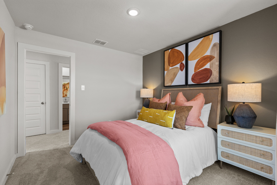 A bedroom with a pink bed.
