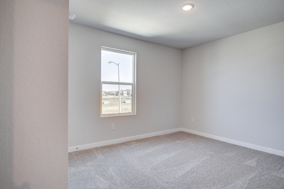 A room with a window and a carpet.