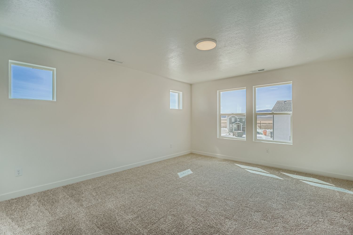 A room with a carpet and windows.