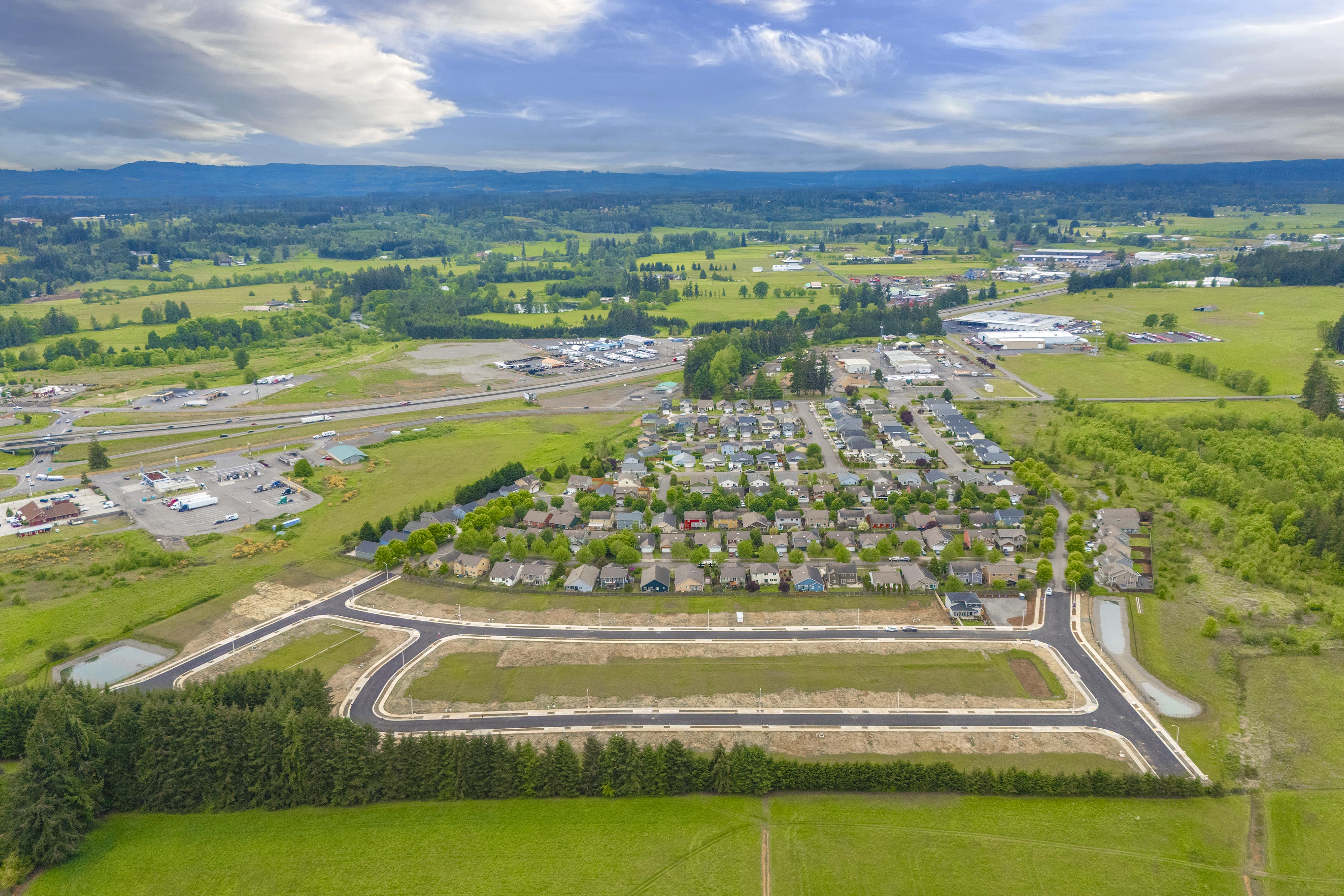 An aerial view of a town.