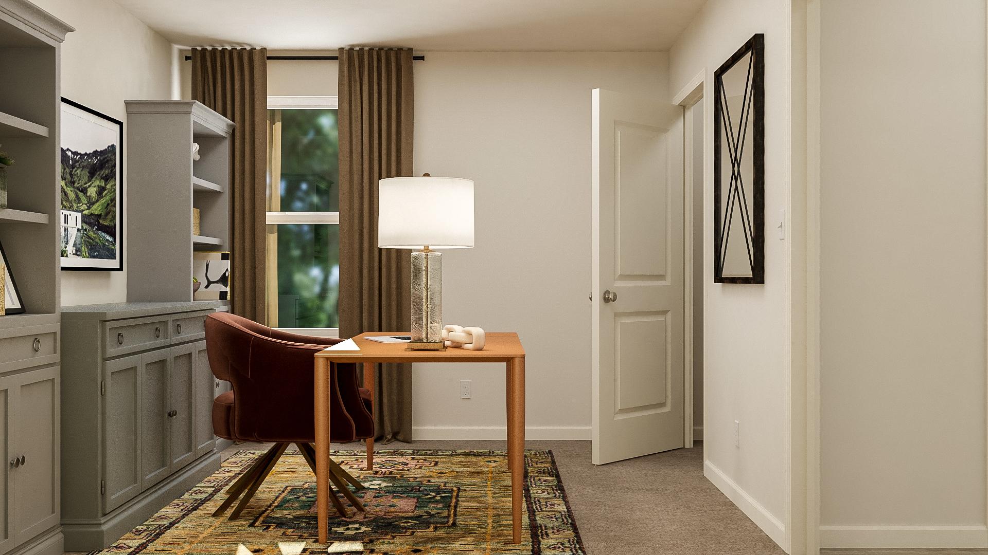 A room with a desk and a chair.