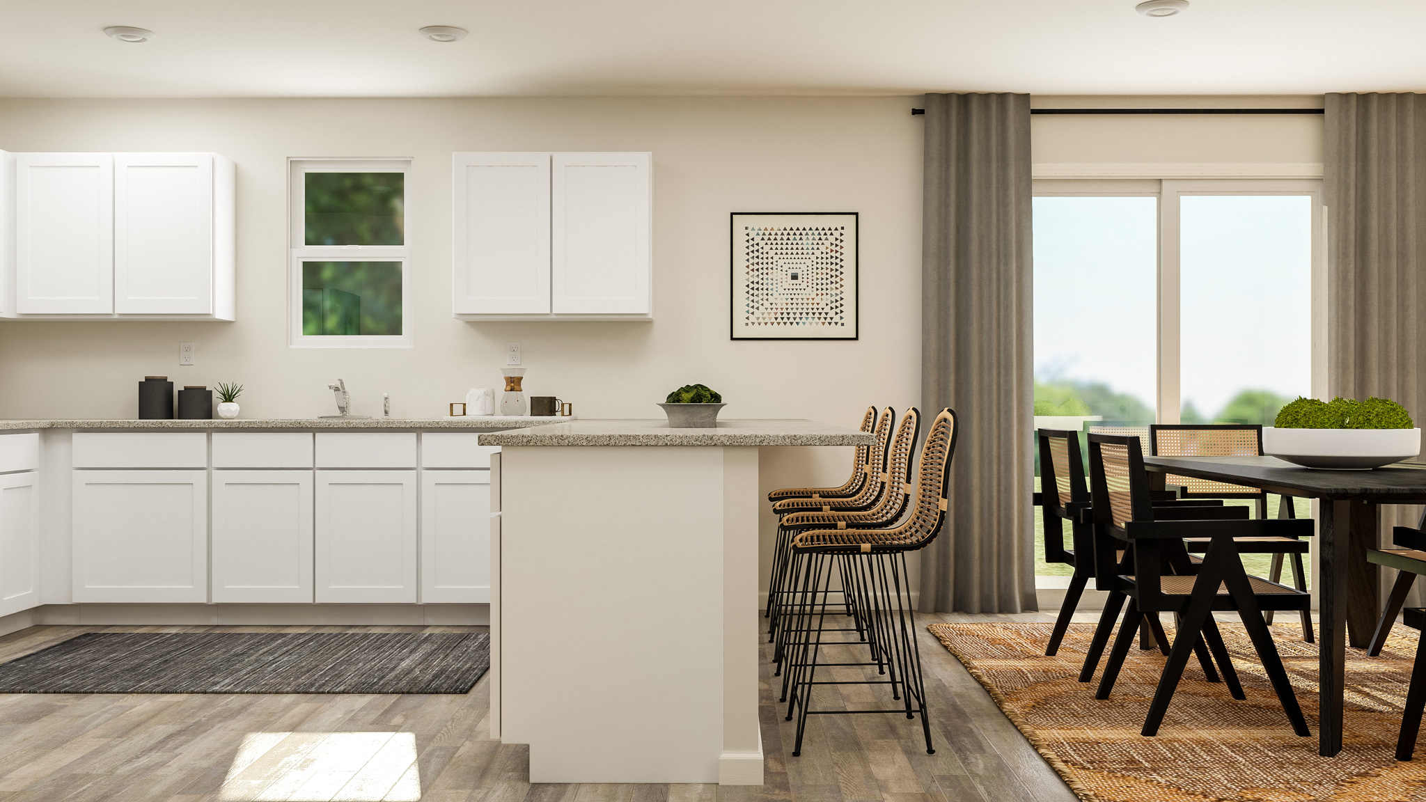 A kitchen with white cabinets.