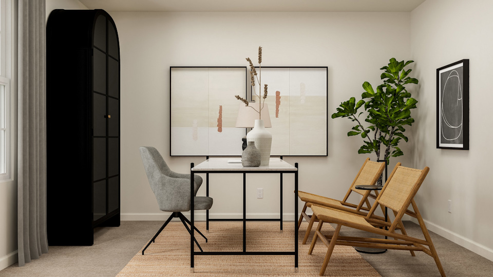 A room with a table chairs and a plant.