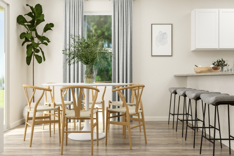 A dining room table with chairs.