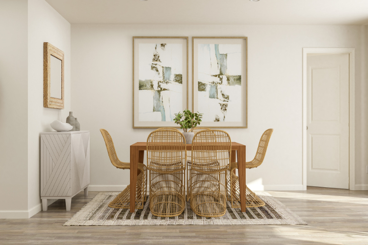 A dining room table with chairs.